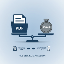 A document icon on a scale with a '500KB' weight, symbolizing file size compression.