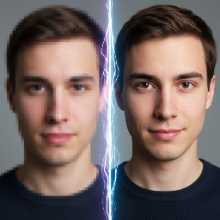 A pixelated, low-resolution photo transforming into a sharp, high-definition version.