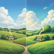 A beautiful landscape split between a real photo and a Ghibli-style animation.
