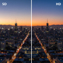 A split screen showing a standard definition image transforming into a vibrant, high-definition version.