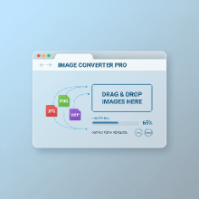An illustration of a web browser with image files being uploaded to an online converter.