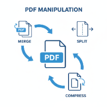 A central PDF icon connected to other icons representing merging, splitting, and compressing.