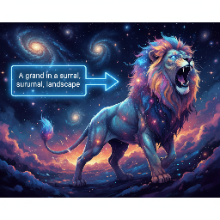 A text prompt transforming into a vibrant, AI-generated image of a cosmic lion.